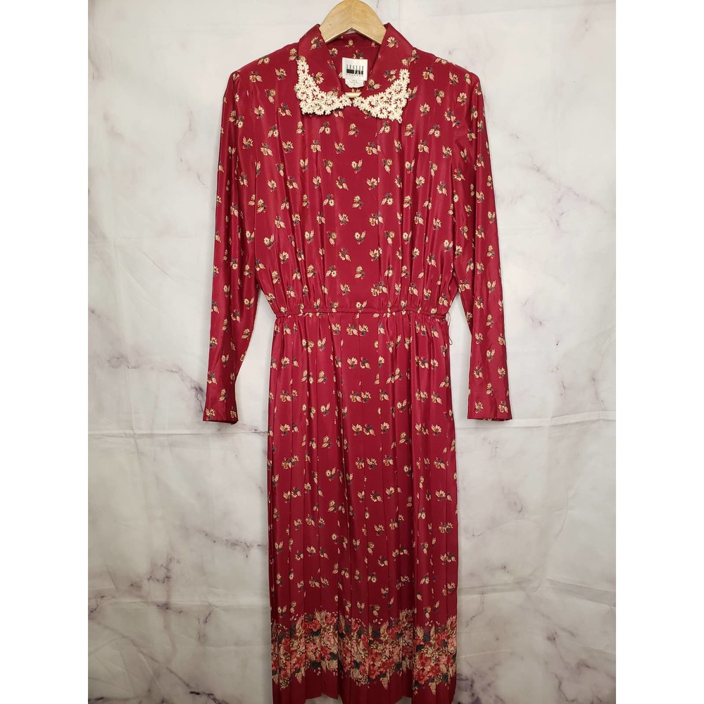 LESLIE FAY Red Floral VIntage Pleated Collar Midi Dress 8